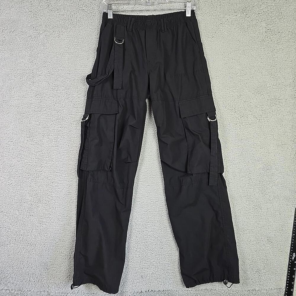 Y2K Pants Women SZ S Black Cargo Baggy Gorpcore Utility Skate Rave Parachute 90s